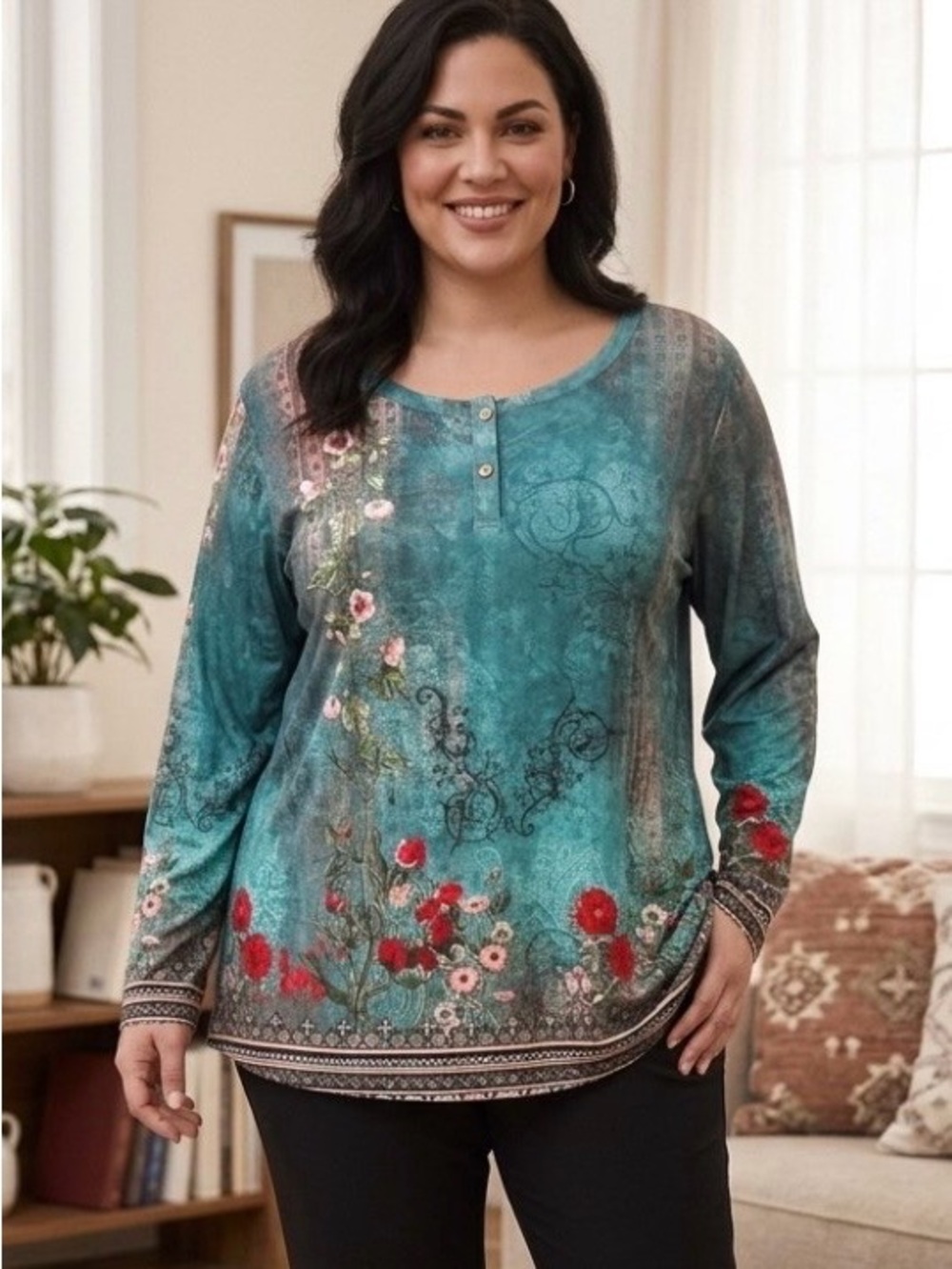 Teal Floral-Print Long Sleeve Henley Top